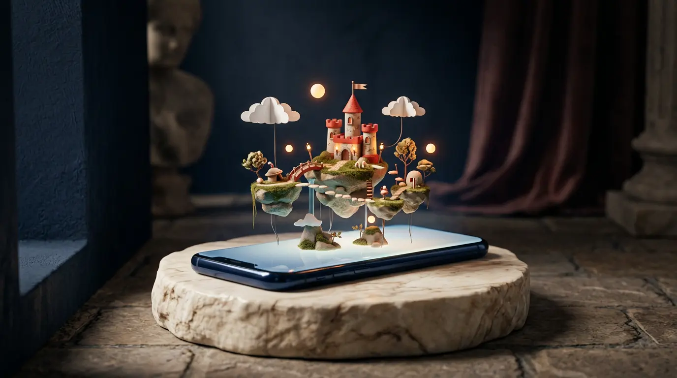 A smartphone on a marble pedestal with a miniature game world rising from its screen