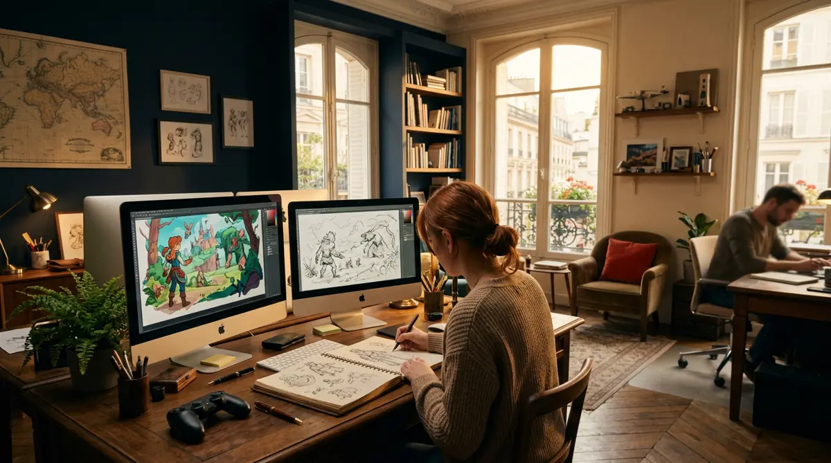 The MAISON DUMAZET studio at golden hour, with game sketches on the monitors